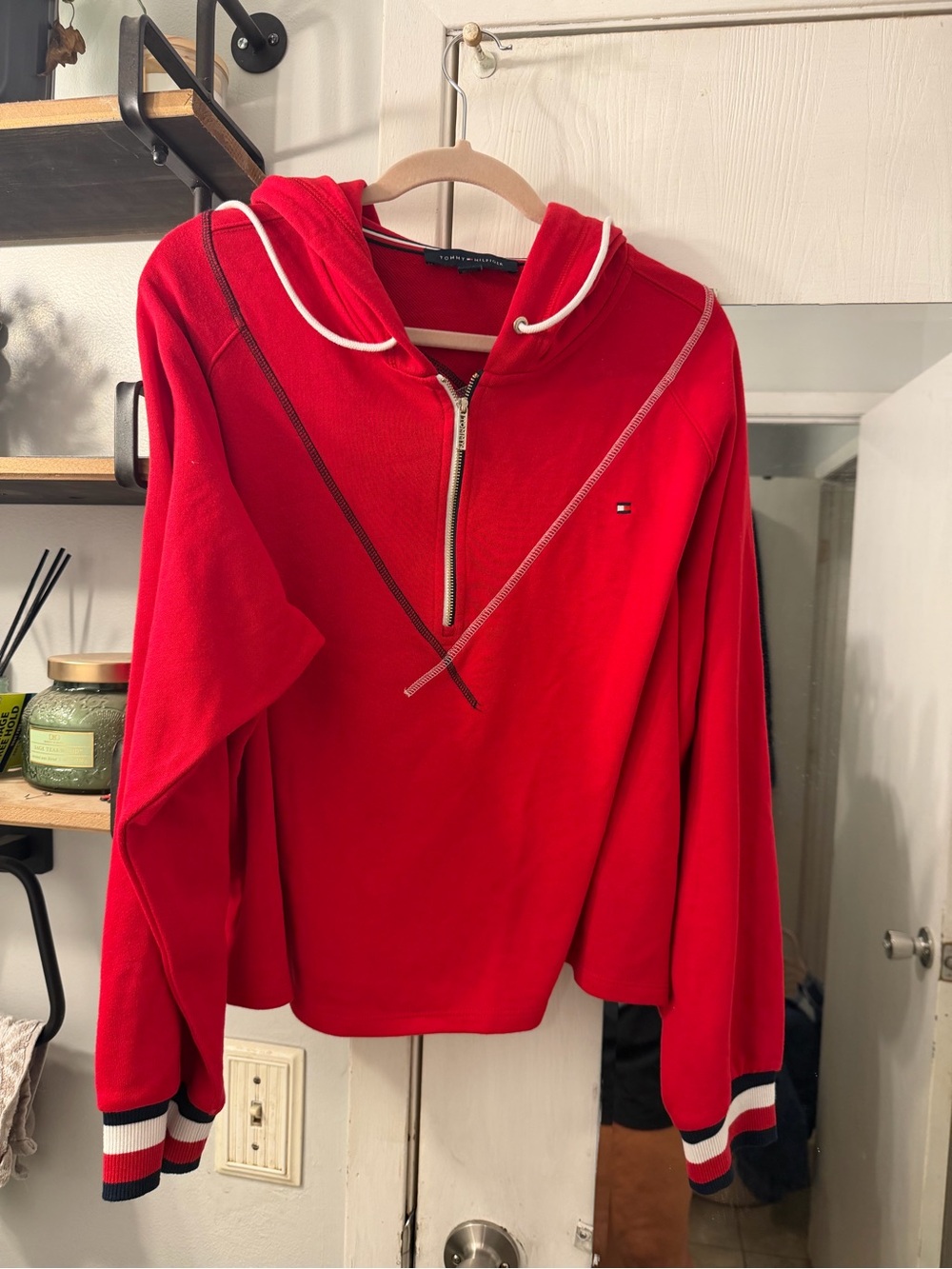 Tommy Hilfiger Red Half-Zip Cowl Neck Sweater with Stripe Cuffs